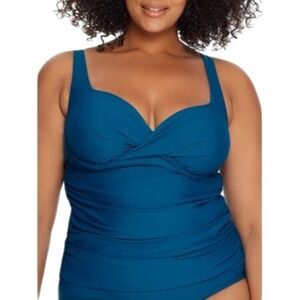 Birdsong Plus Size 24W Teal Blue Shirred Ruched Underwire Tankini Swim Top NEW
